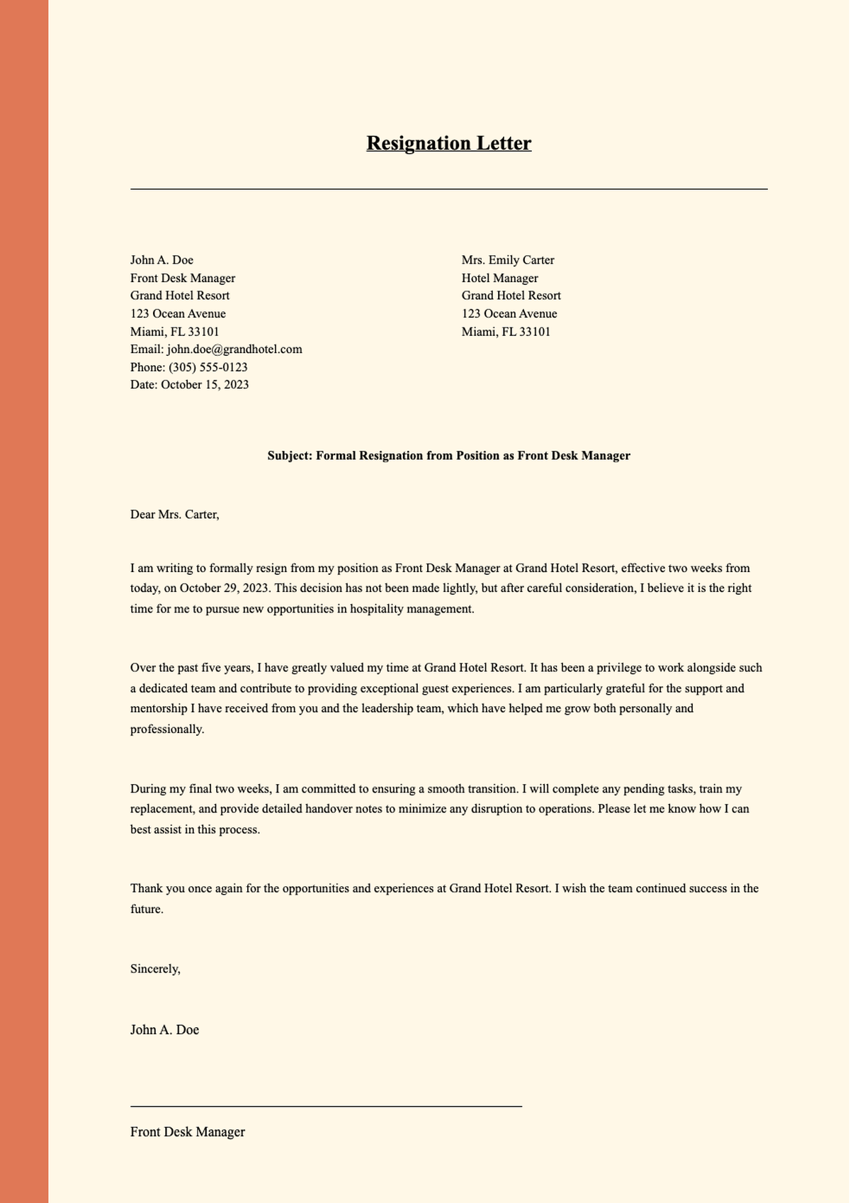 Hotel resignation letter template with placeholder fields and formal structure_variant_1